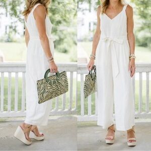 NEW LOFT Linen Blend Double V Jumpsuit Wide Leg Belted Whisper White Size 8 T